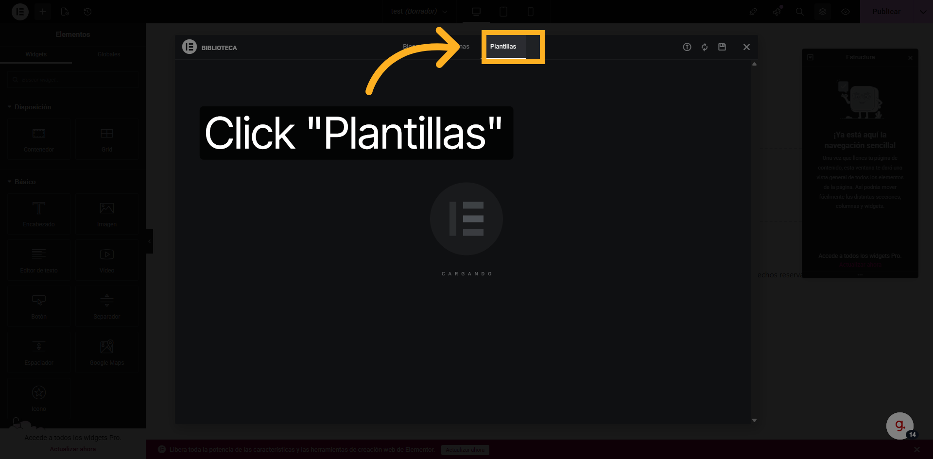 Elementor Templates panel